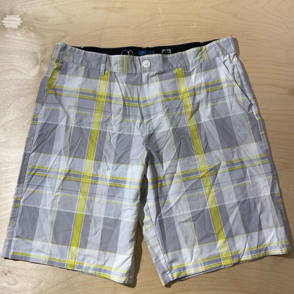 OP 4-Way Stretch Gray and Yellow Plaid Shorts 38 (B)
